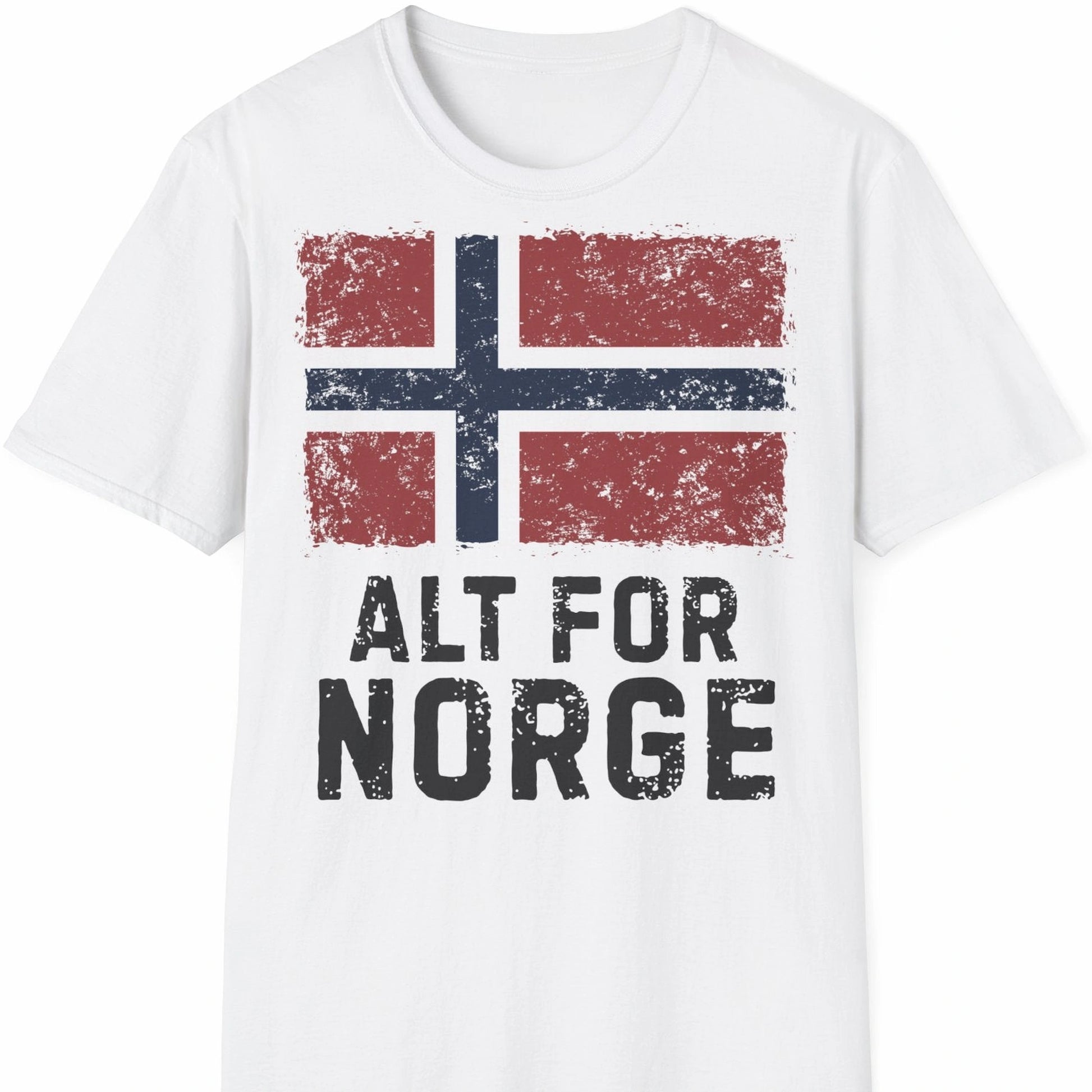 Norge t-skjorte i hvit farge med teksten Alt for Norge og vintage flagg 