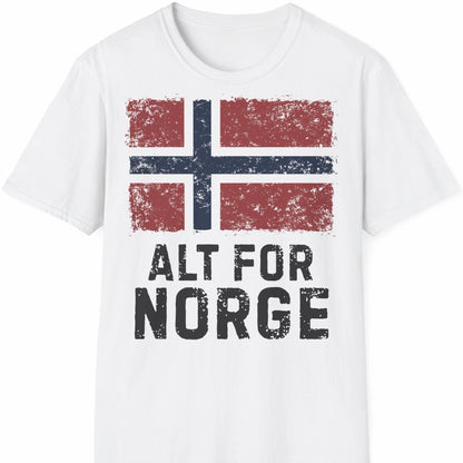 Norge t-skjorte i hvit farge med teksten Alt for Norge og vintage flagg 