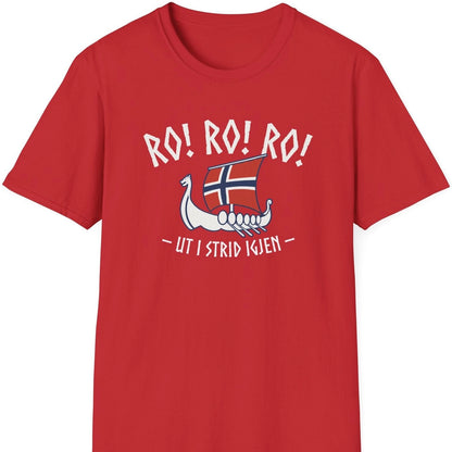 Rød T-skjorte med teksten "Ro! Ro! Ro! Ut i strid igjen" og et vikingskip med norsk flagg. 