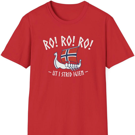 Rød T-skjorte med teksten "Ro! Ro! Ro! Ut i strid igjen" og et vikingskip med norsk flagg. 