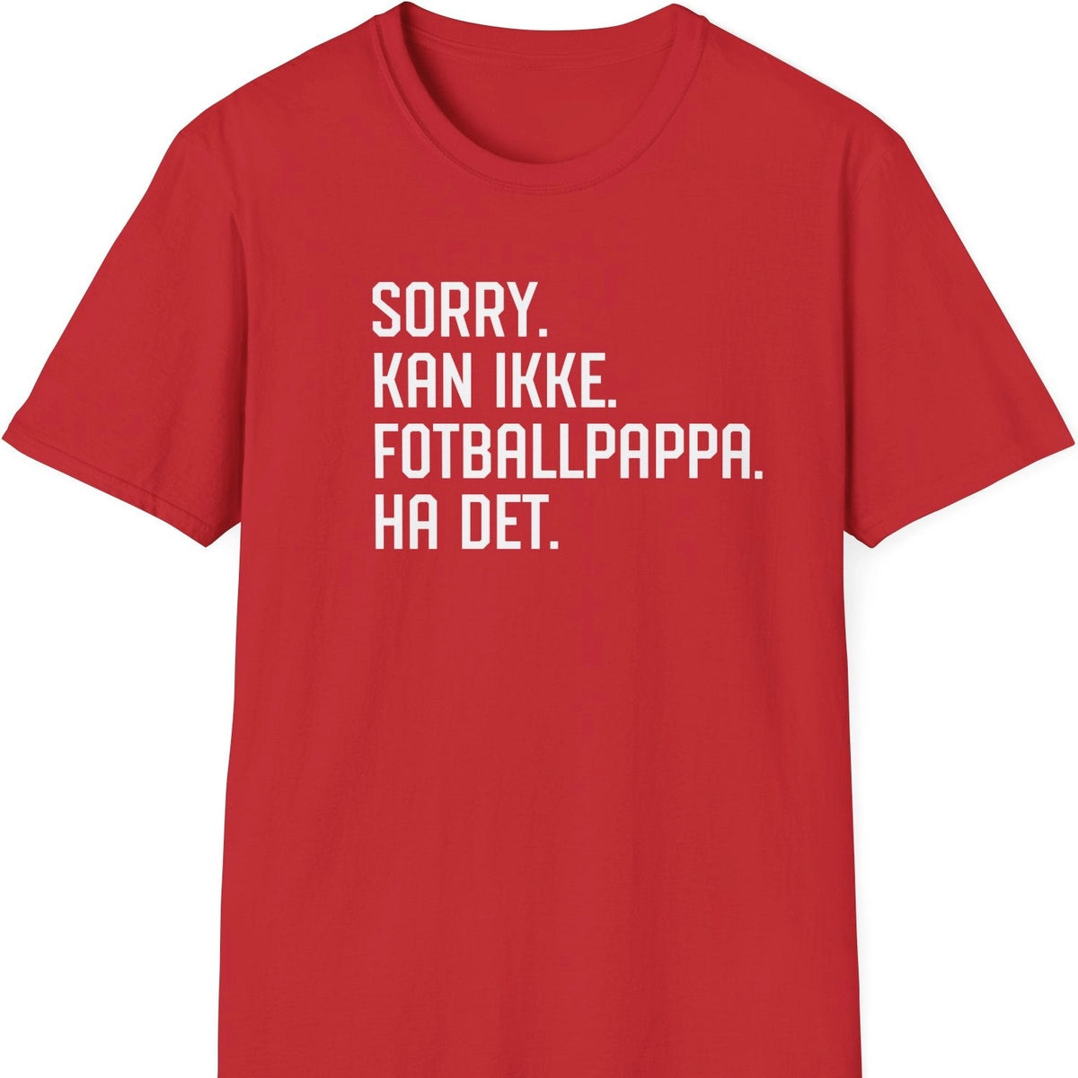 Rød t-skjorte med fotballpappa-tekst
