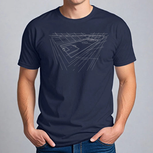 Minimalistisk strektegning av fotballstadion i perspektiv.