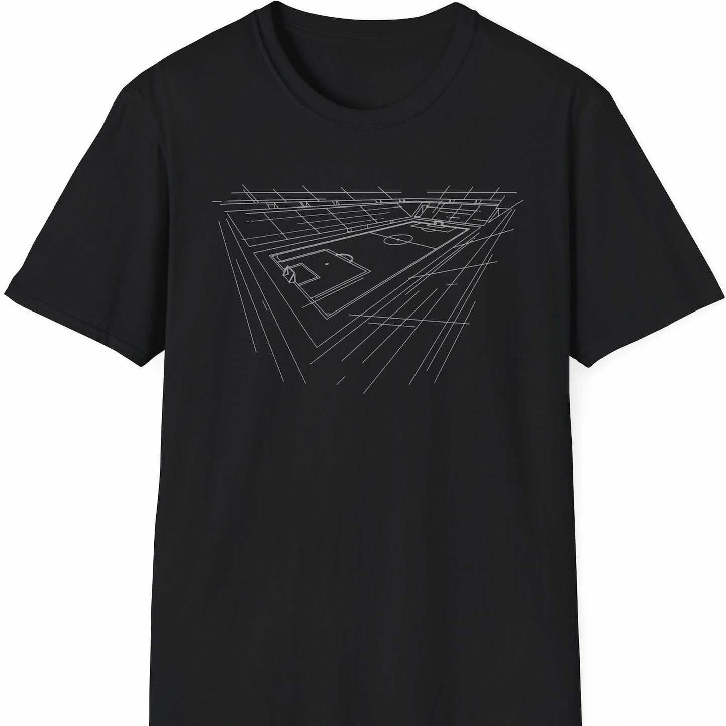 T-skjorte med hvit strekillustrasjon av fotballstadion på svart bakgrunn.
