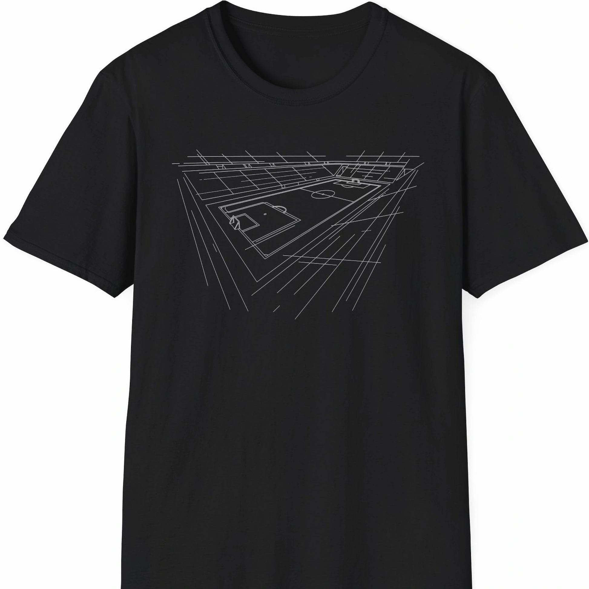 T-skjorte med hvit strekillustrasjon av fotballstadion på svart bakgrunn.