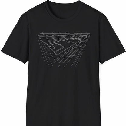T-skjorte med hvit strekillustrasjon av fotballstadion på svart bakgrunn.