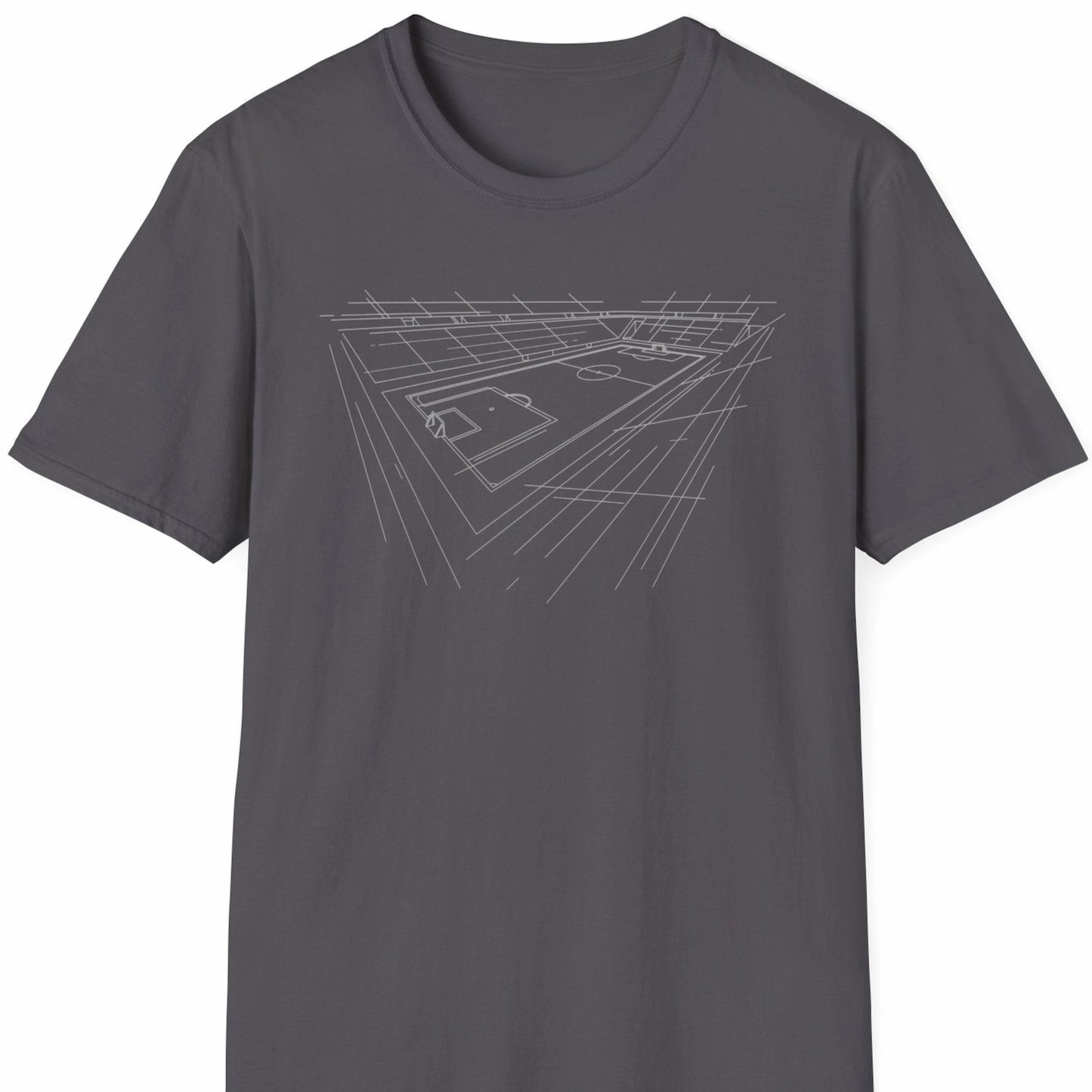 T-skjorte med hvit strekillustrasjon av fotballstadion på grå bakgrunn.