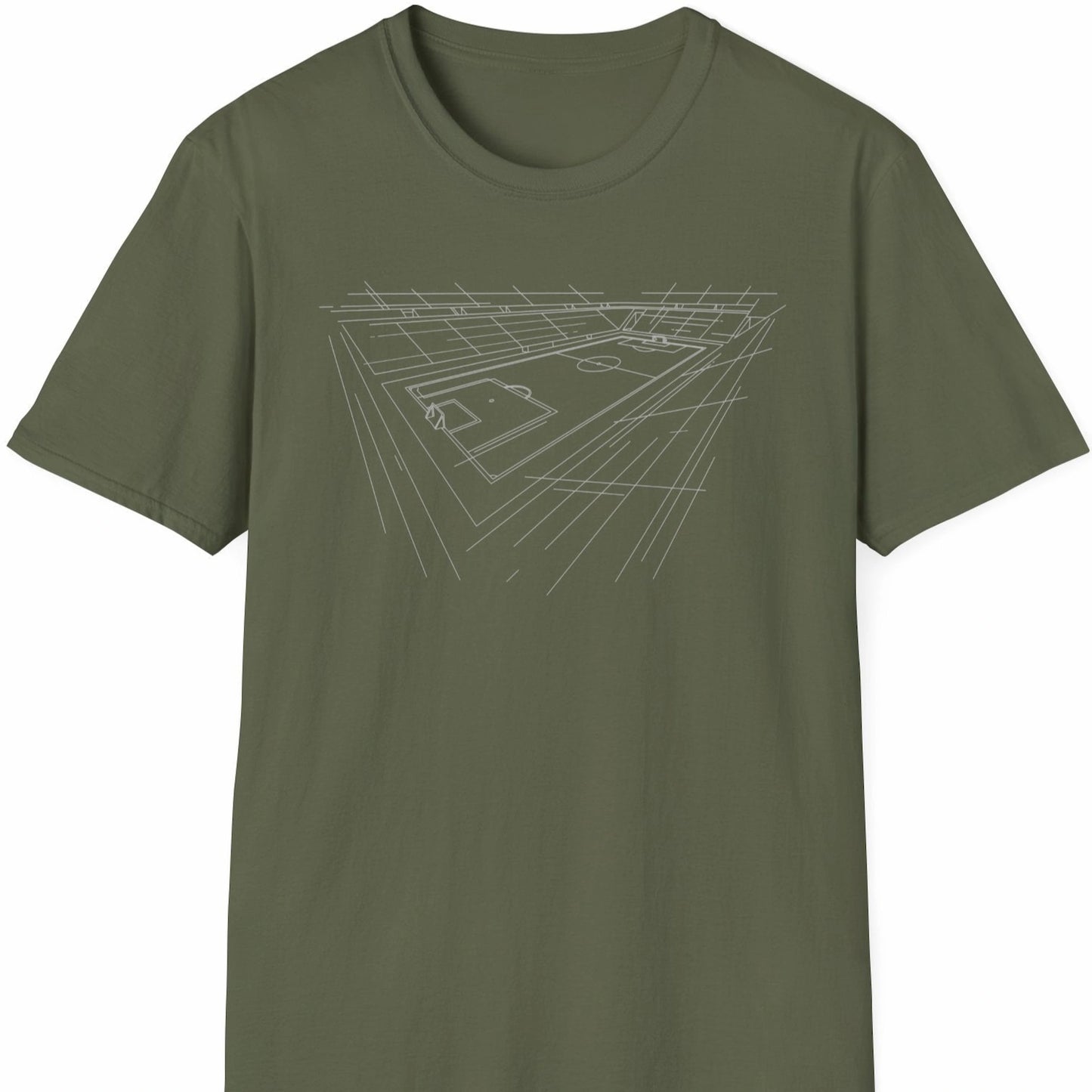 T-skjorte med hvit strekillustrasjon av fotballstadion på militærgrønn bakgrunn.
