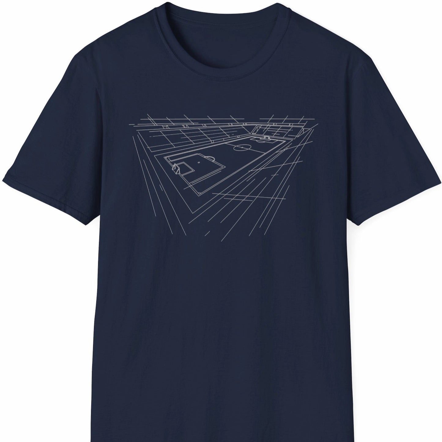 T-skjorte med hvit strekillustrasjon av fotballstadion på mørk blå bakgrunn.