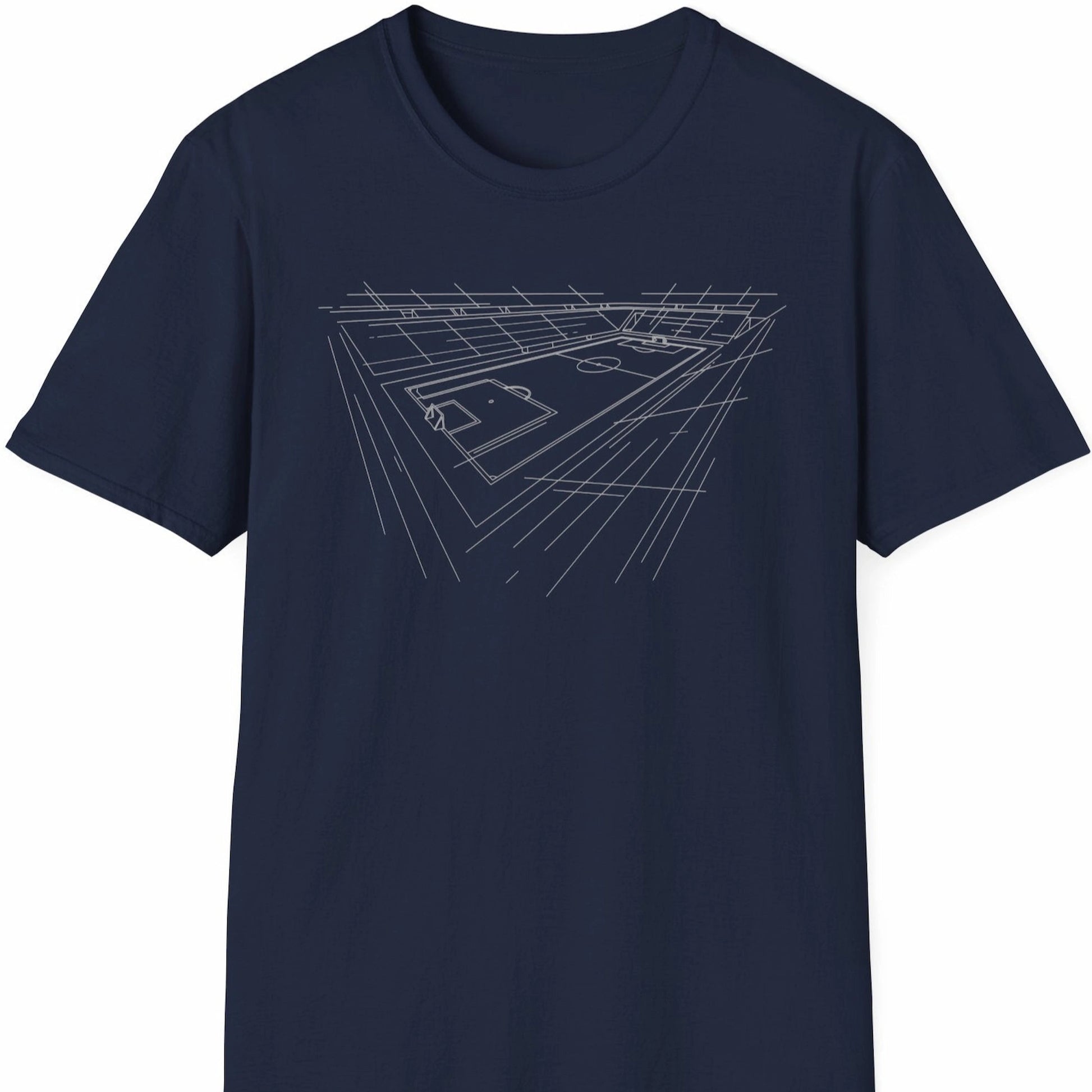 T-skjorte med hvit strekillustrasjon av fotballstadion på mørk blå bakgrunn.