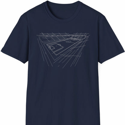 T-skjorte med hvit strekillustrasjon av fotballstadion på mørk blå bakgrunn.