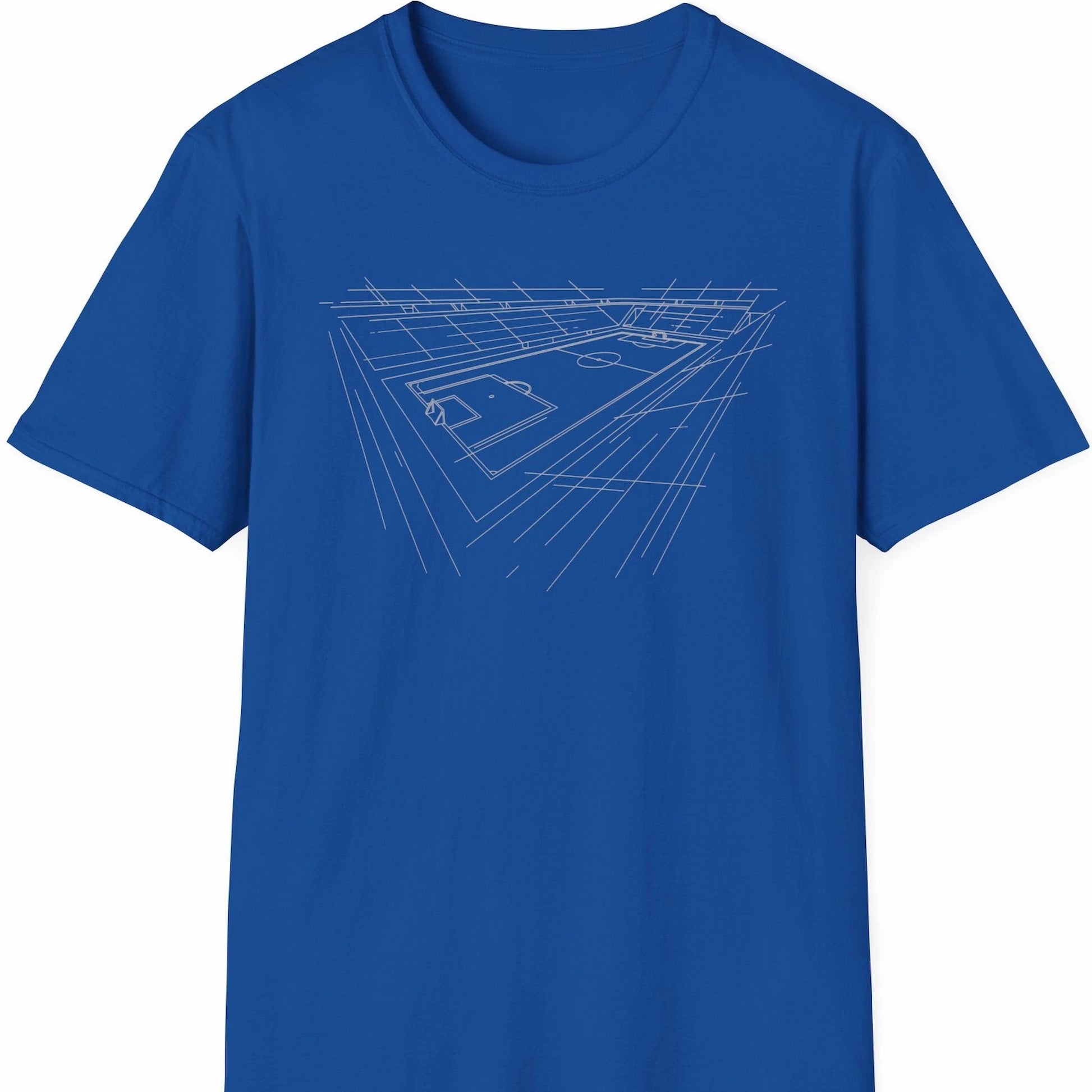 T-skjorte med hvit strekillustrasjon av fotballstadion på blå bakgrunn.