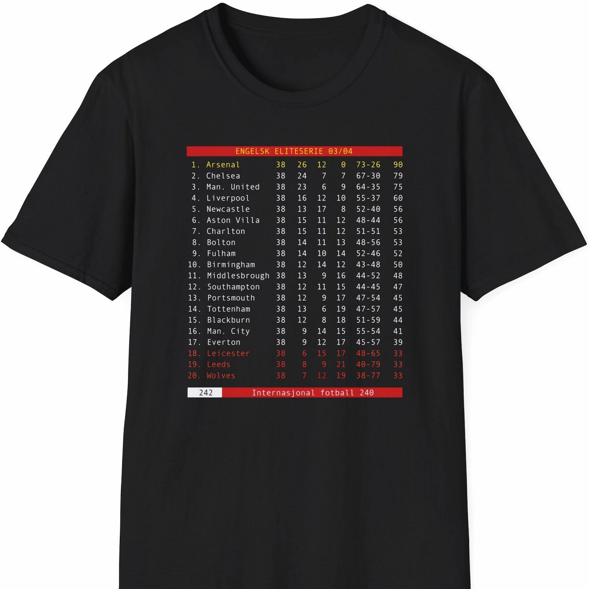 Sort svart t-skjorte med retro tekst-tv motiv med Arsenal The Invincibles motiv 2003 / 2004