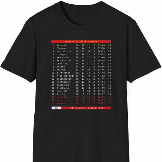 Sort svart t-skjorte med retro tekst-tv motiv med Arsenal The Invincibles motiv 2003 / 2004