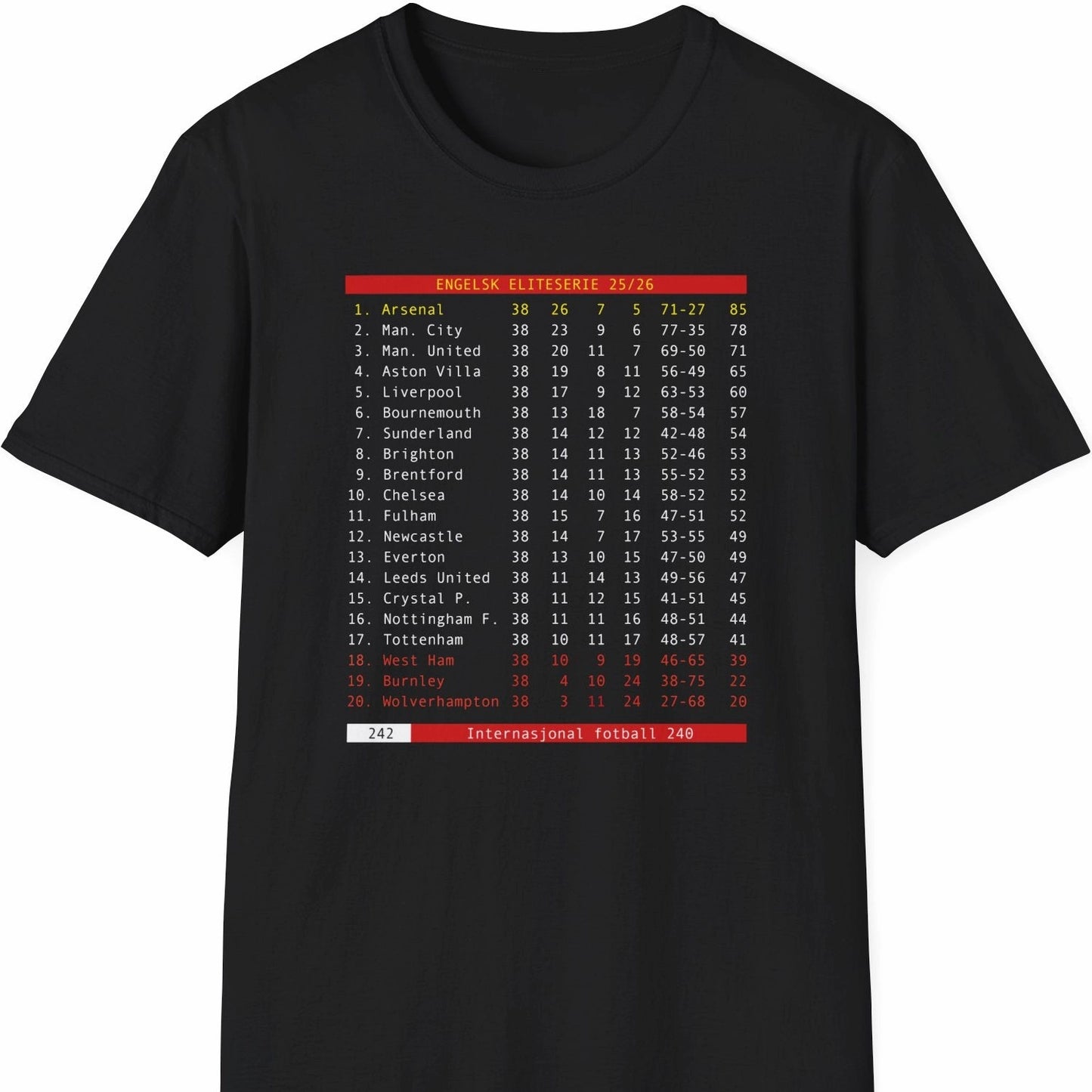 Svart T-skjorte med retro Tekst-TV-tabell 25/26 og Arsenal på topp.