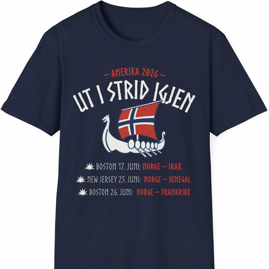 Blå t-skjorte med vikingmotiv og teksten "Ut i strid igjen" pluss Norges kamper i fotball-VM