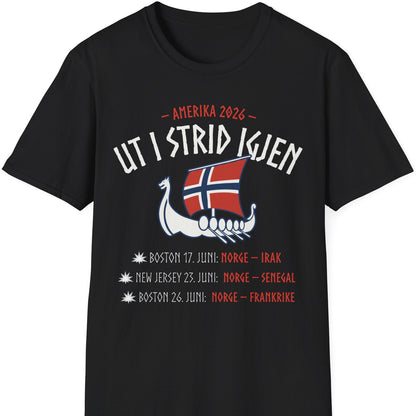 Svart t-skjorte med vikingmotiv og teksten "Ut i strid igjen", og Norges kamper i fotball-VM