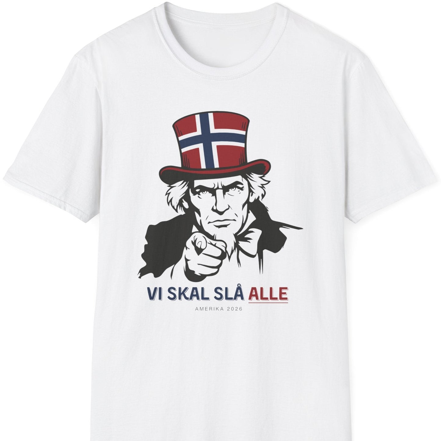 Hvit t-skjorte med mann som peker og teksten ‘Vi skal slå alle’ i norske farger