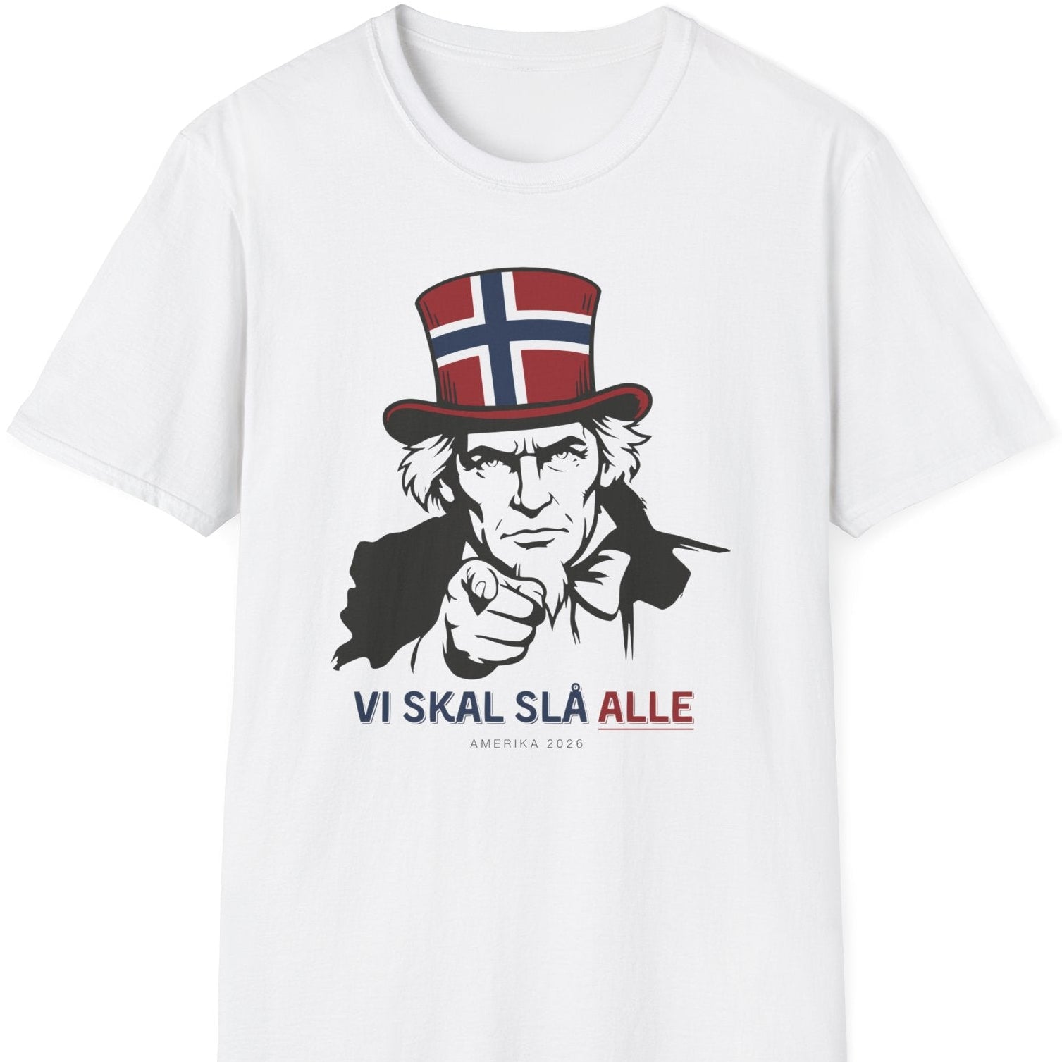 Hvit t-skjorte med mann som peker og teksten ‘Vi skal slå alle’ i norske farger