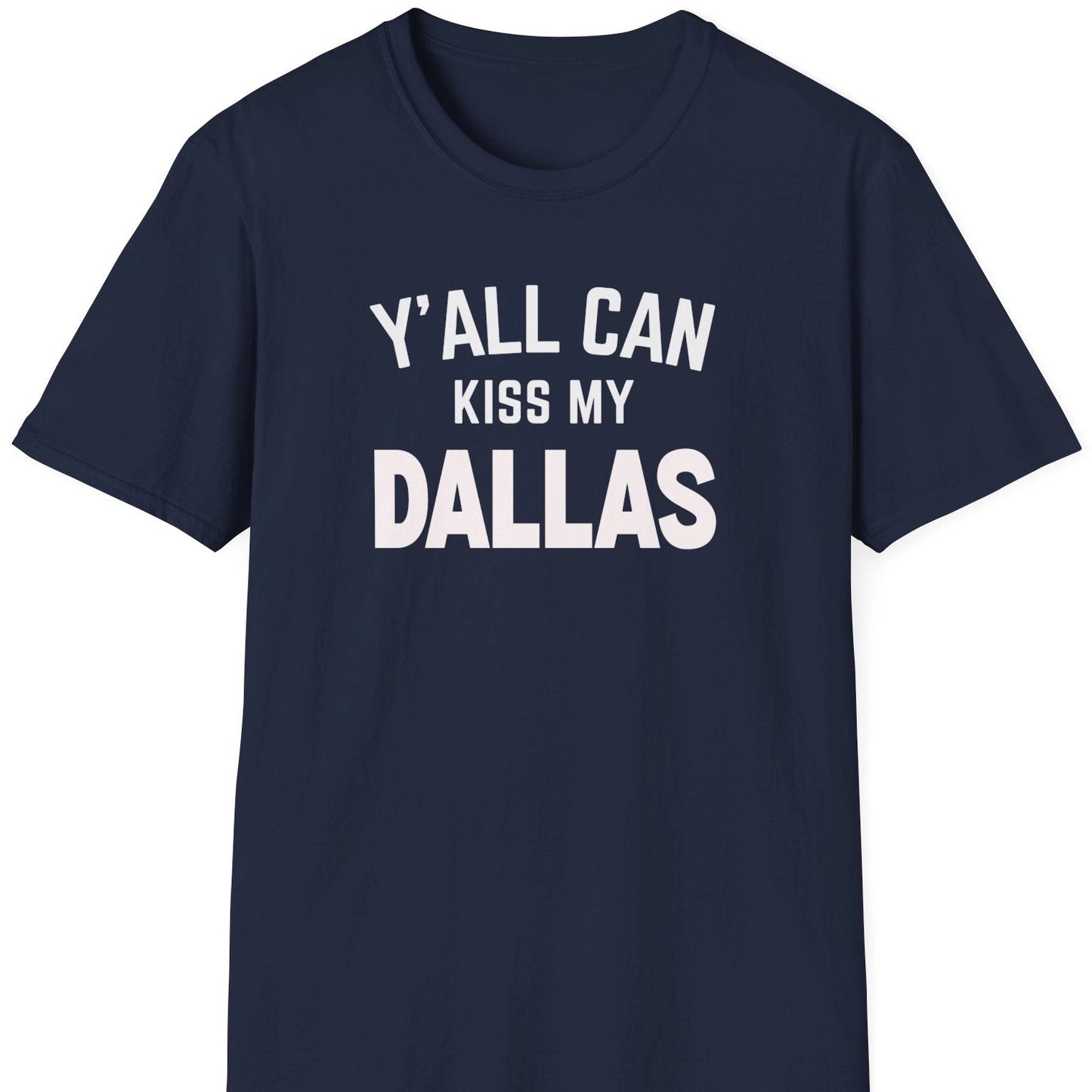Navy blå T-skjorte med Dallas-vits og hvit tekst