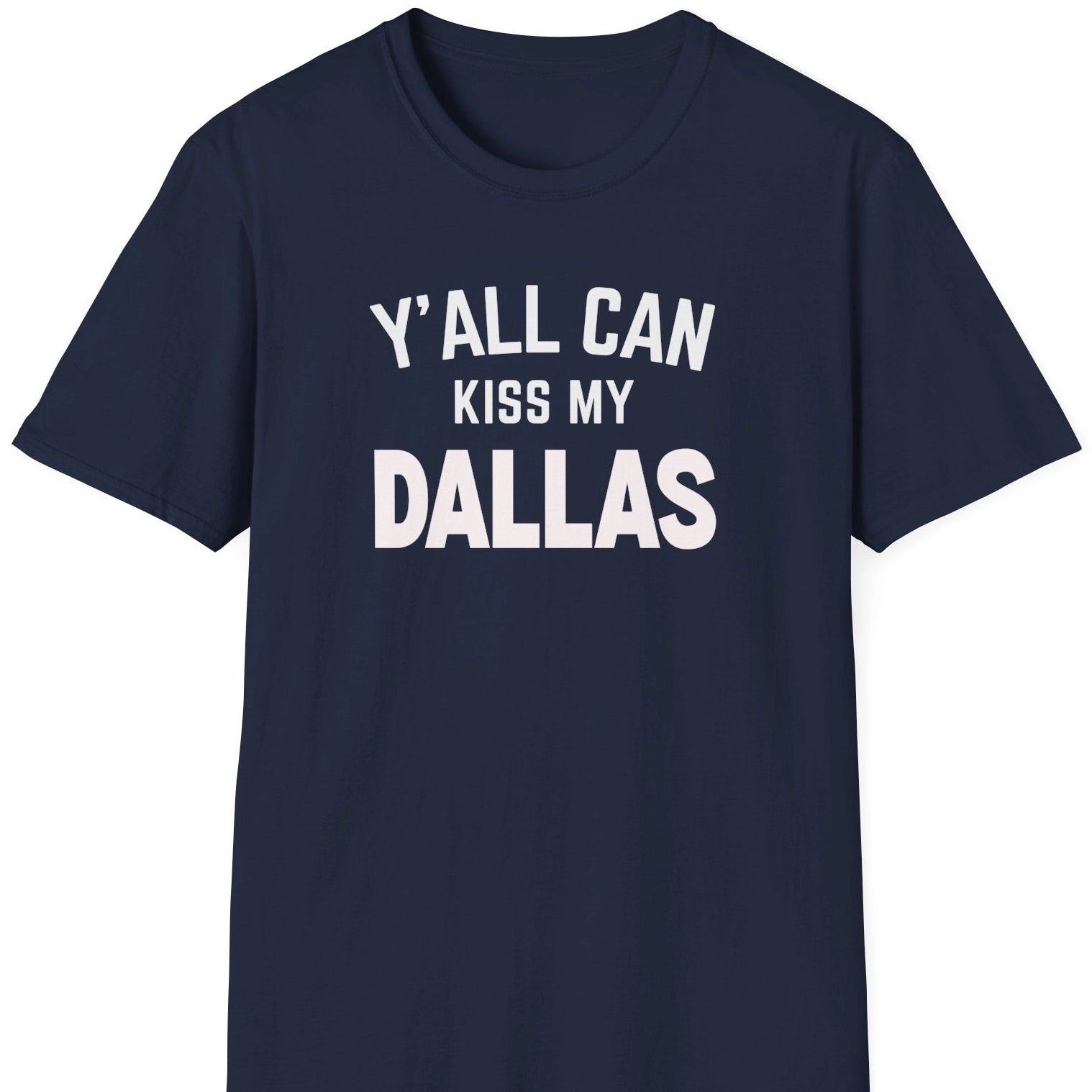 Navy blå T-skjorte med Dallas-vits og hvit tekst